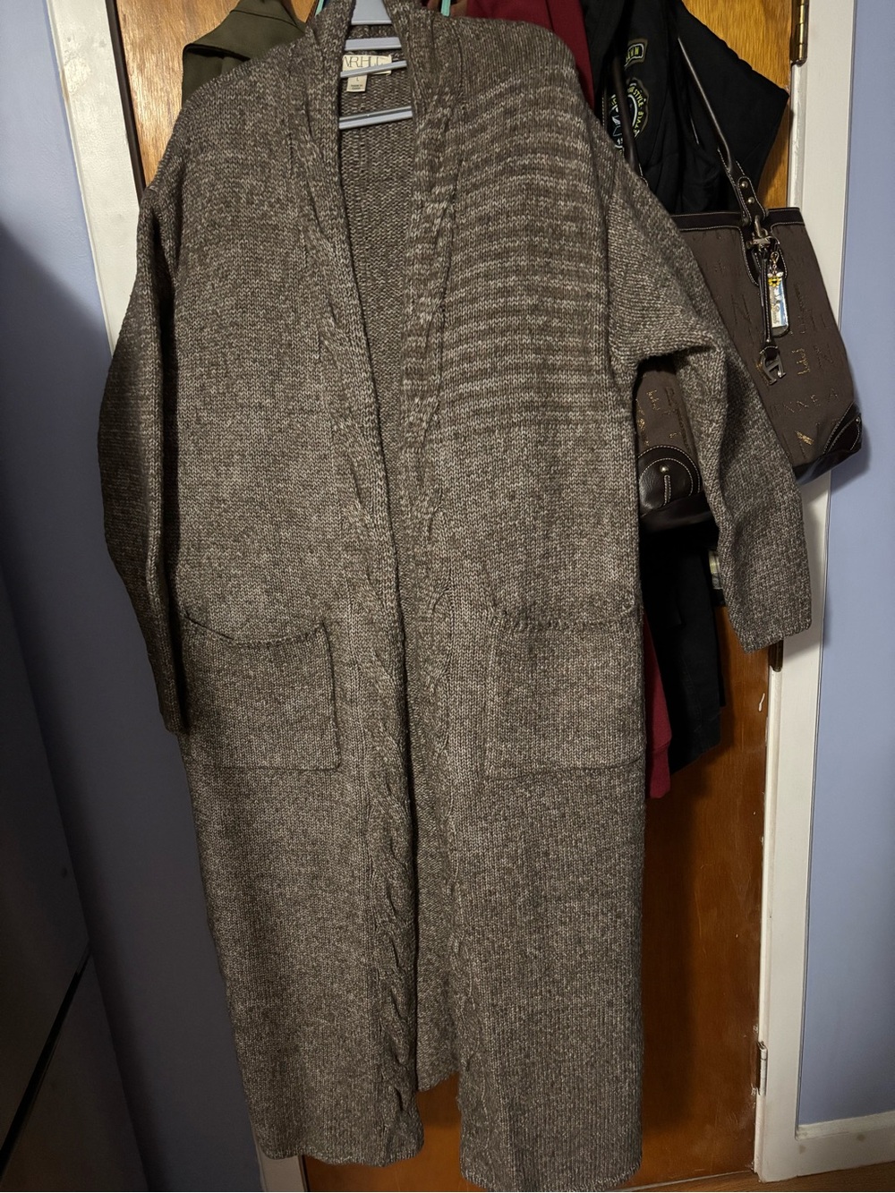 TWRHLL Open-Front Taupe and Cream Knitted Full Length Cardigan with Pockets